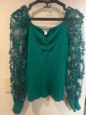Cato Teal Green Knit Top with Ruffled Mesh Sleeves